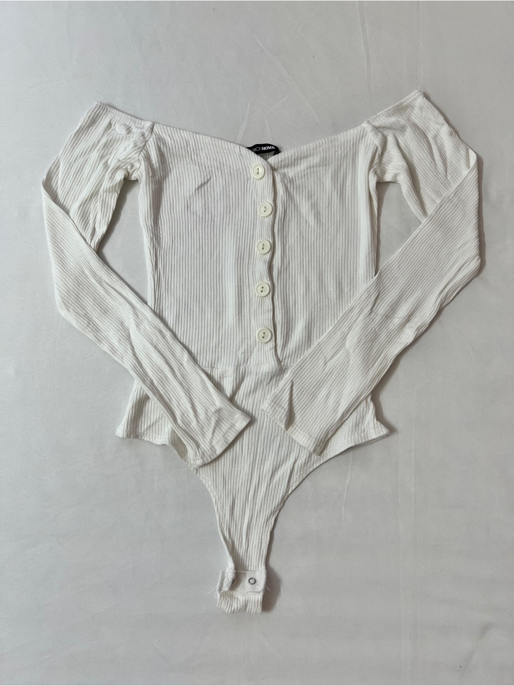 FN Fashion Nova White Ribbed Button Bodysuit Top